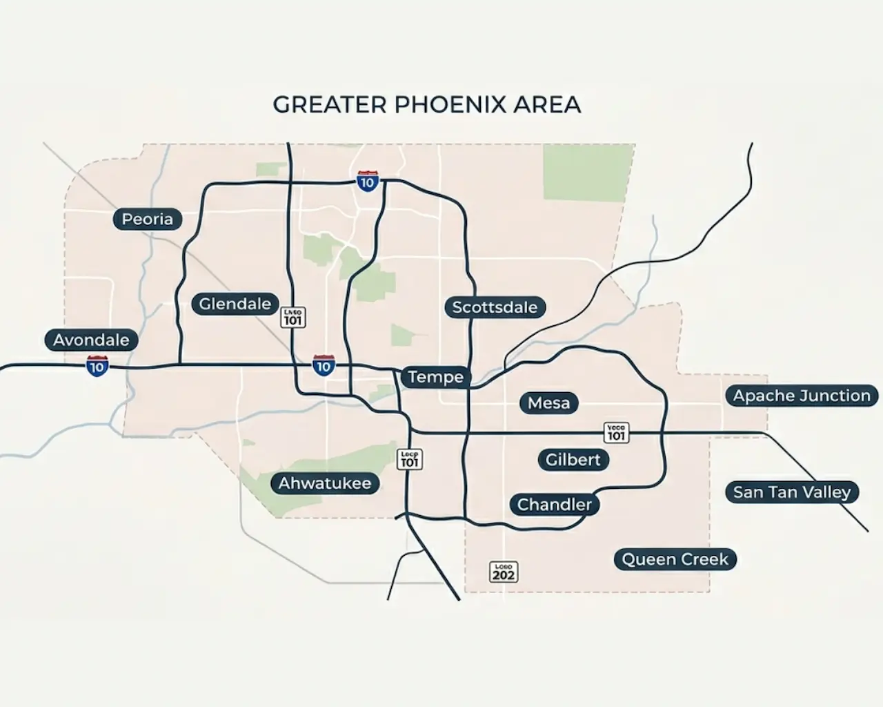 Map of the Phoenix metro service area covering Phoenix, Mesa, Gilbert, Chandler, Queen Creek, Tempe, Scottsdale, Apache Junction, Ahwatukee, Glendale, Avondale and Peoria